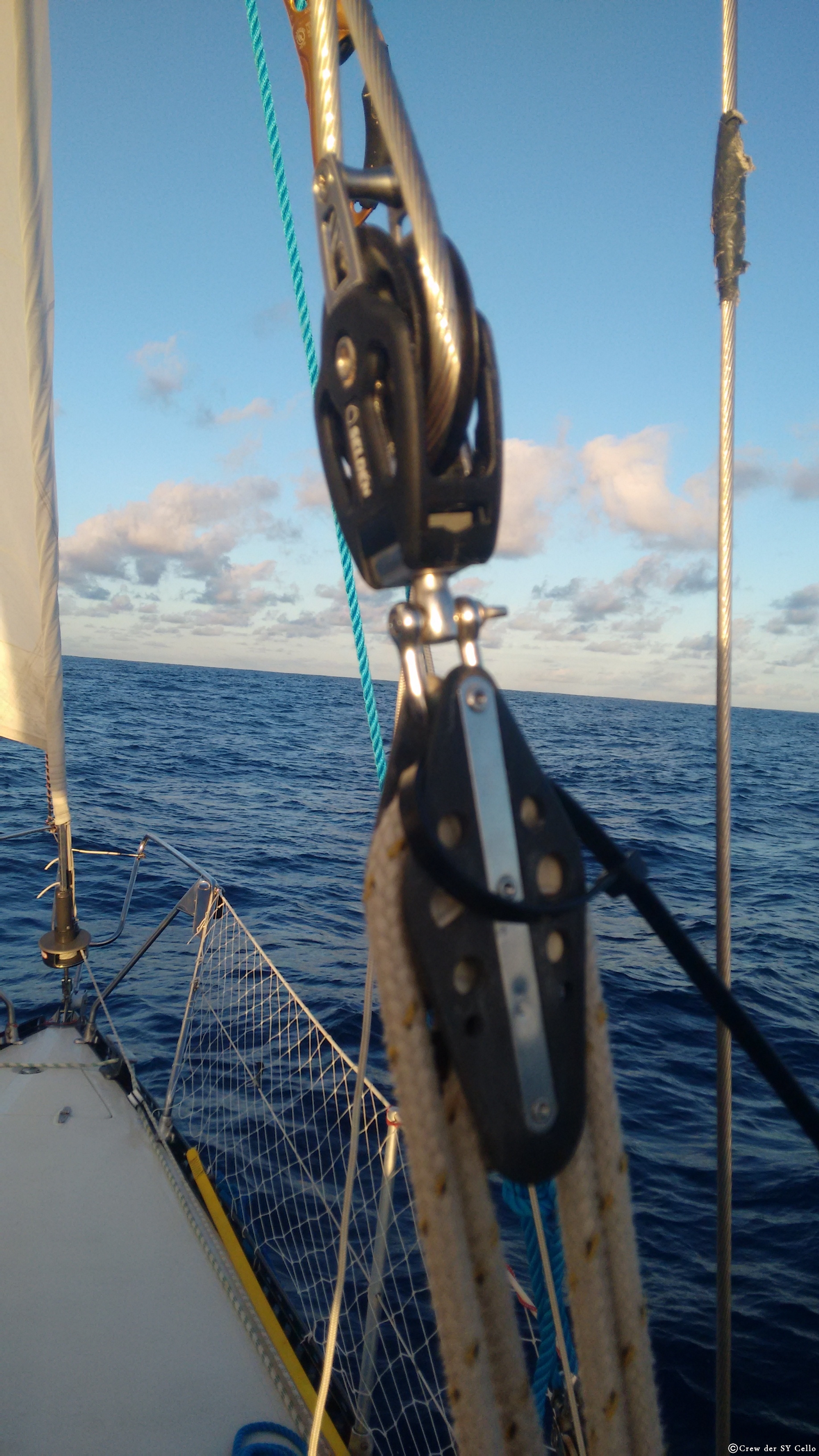 Oberer Teil des Seilzugs auf der Steuerbord-Seite. Im Hintergrund das blaue Seil, welches zusätzlich den Mast abspannt und die gebrochene Wante entlastet.