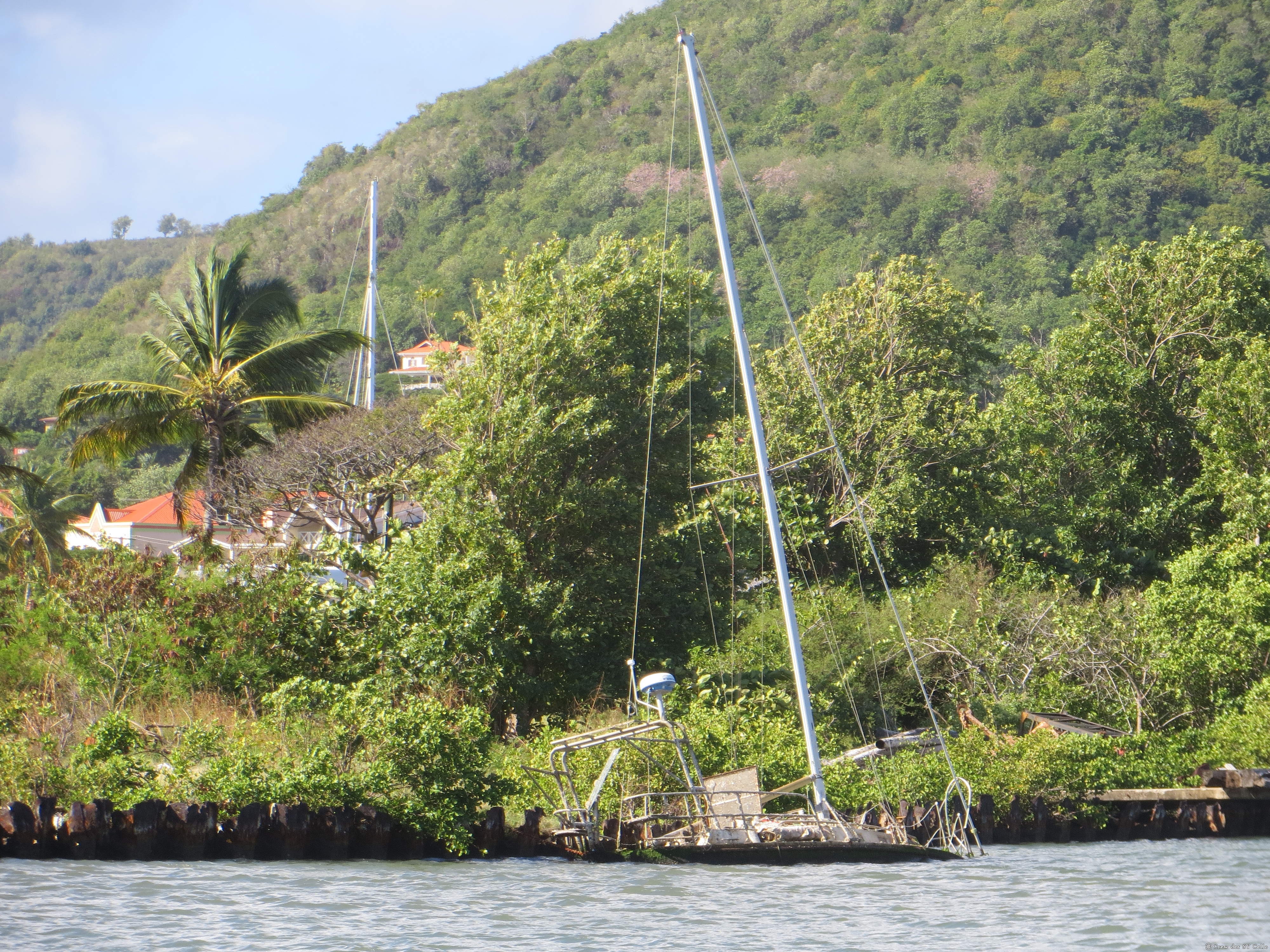 Ein abgesoffenes Segelschiff in der Rodney Bay Marina, St. Lucia