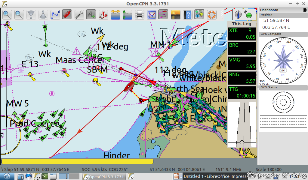 So navigieren wir während der Fahrt (zusätzlich zu Papierkarten). Das rote Schiff, das sind wir. Grüne und gelbe Dreiecke sind andere Schiffe. Die dicke rote Linie markiert den geplanten Weg, und die dünne kleine rote Linie ist unser gefahrener Weg. Wer mehr wissen will, einfach fragen &hellip;